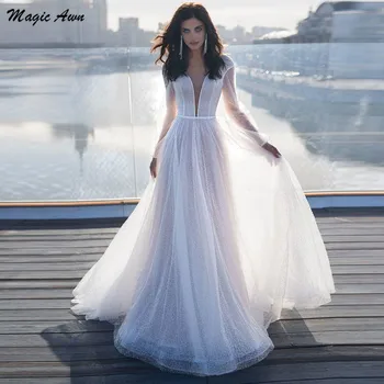 

Magic Awn Glitter Princess Wedding Dresses Full Puffy Sleeves Illusion Shiny Boho Mariage Gowns With Train Cutsomized Casamento