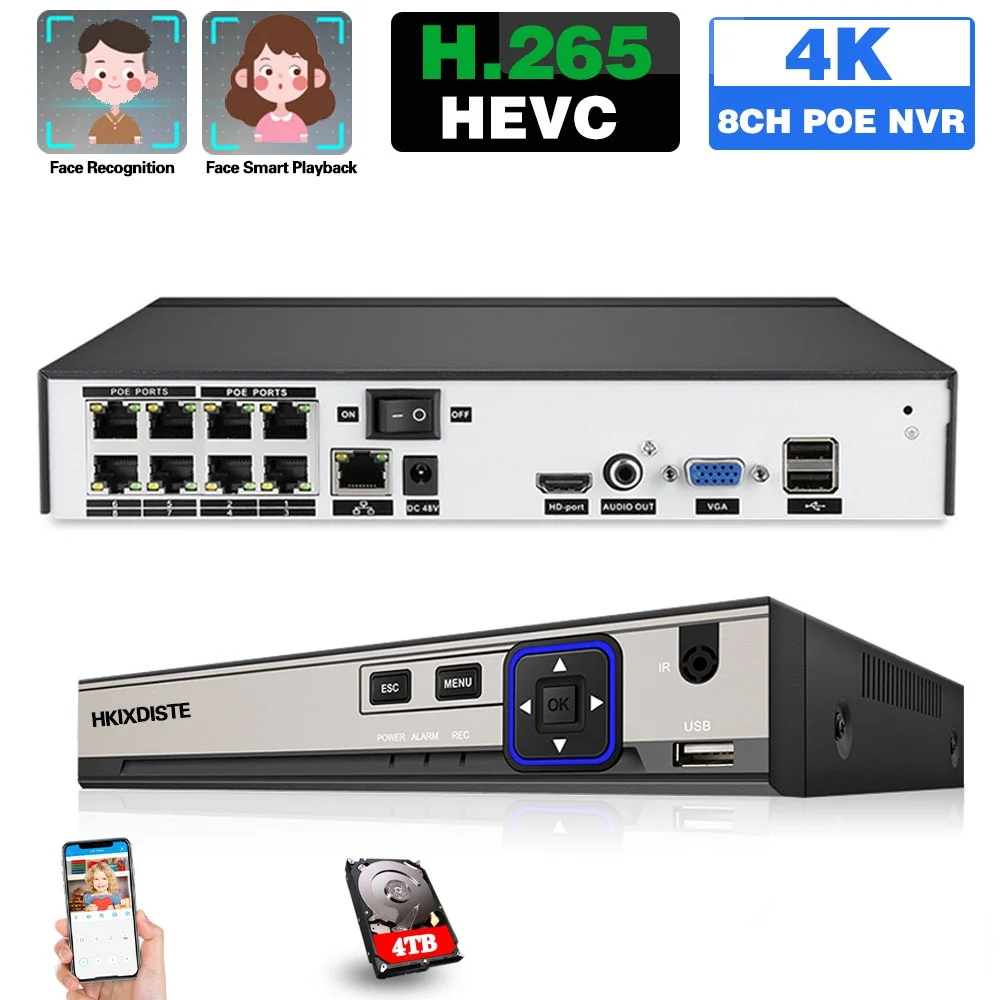 

CCTV NVR Recorder 8 Channel 4K H.265 POE NVR Face Recognition 8MP POE Network Surveillance Video Recorder 8CH XMEYE NVR 4CH 5MP