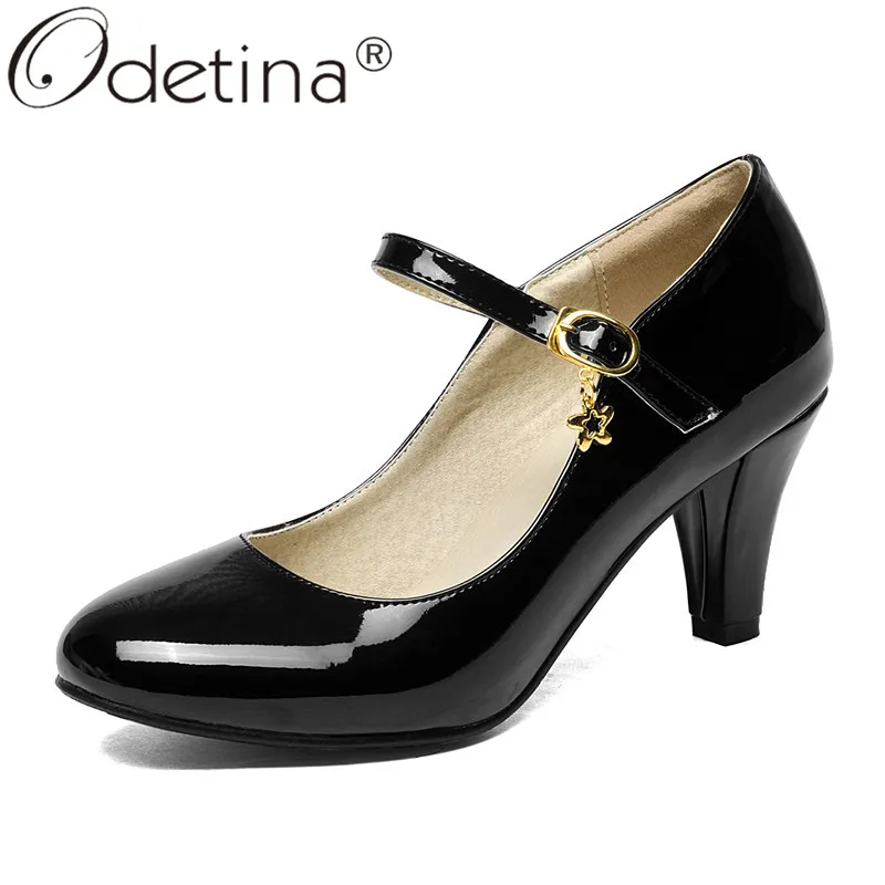 

Odetina Women Comfort Patent Leather Round Toe Mary Jane Shoes Buckle Ankle Strap Kitten High Heels Vintage Dress Pumps Big Size