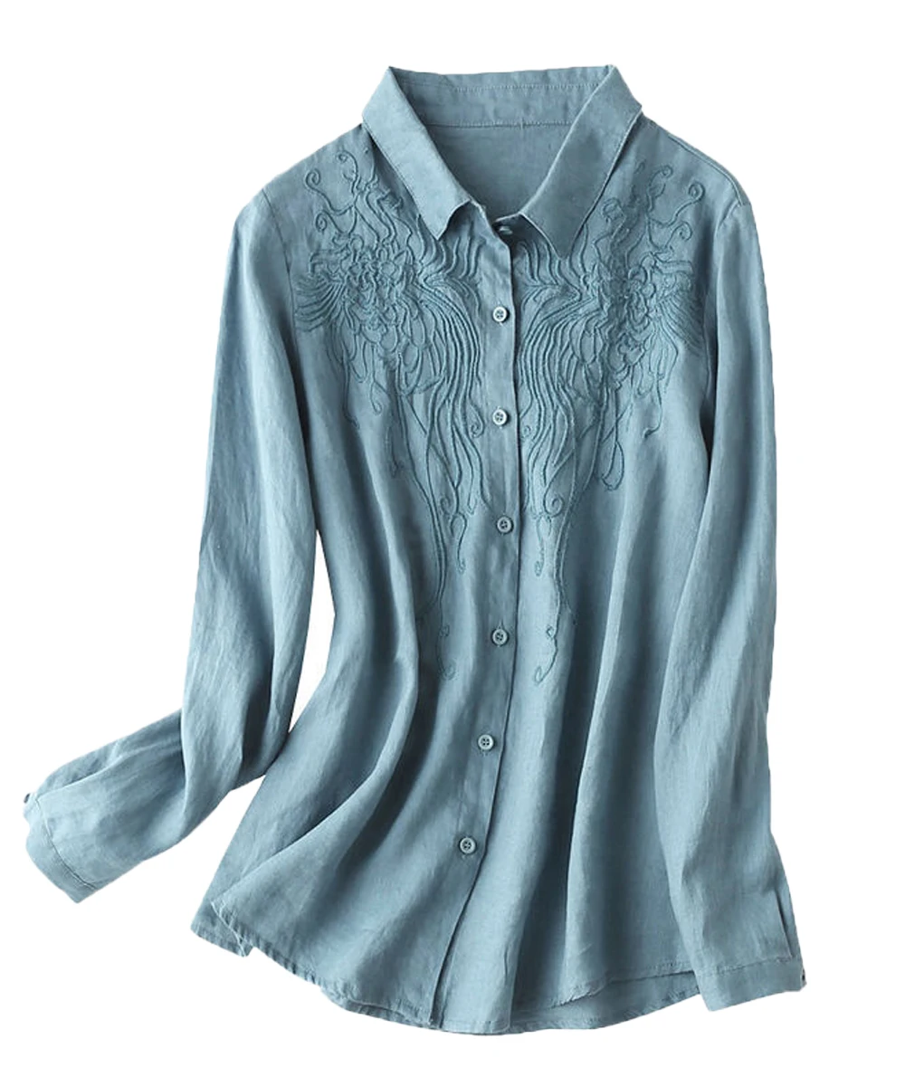 

100% Cotton Linen Shirt Plus Size Women Shirt Embroidered Button up Long Sleeve Blouse White Office Ladies Casual Top Female