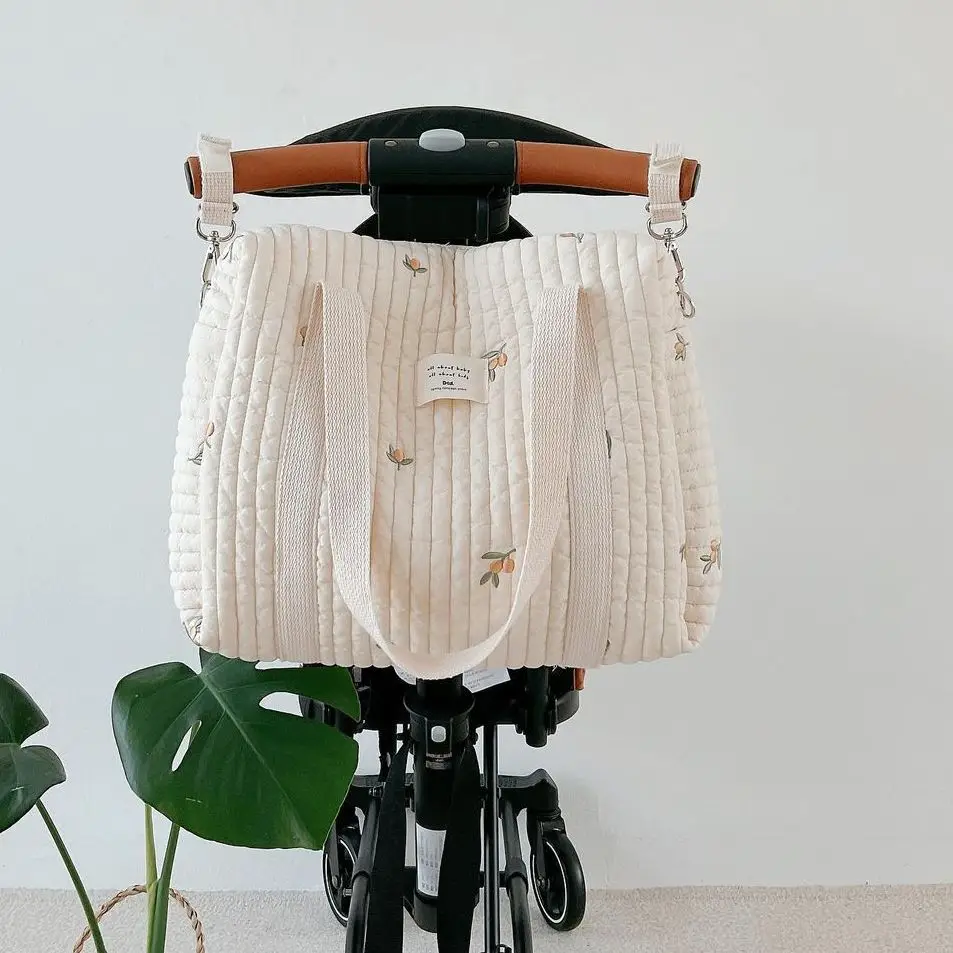 Baby Zipper Diaper Handbag With Pocket Cotton Bags Cute Bear Flower Embroidery Pattern 2022 New Luggage Bag