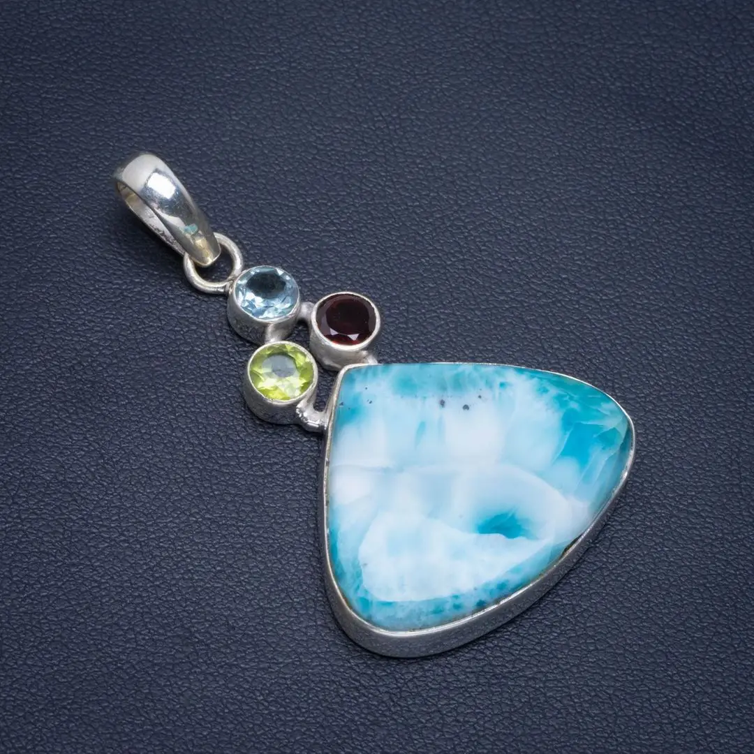 

Natural Caribbean Larimar,Peridot,Garnet and Blue Topaz 925 Sterling Silver Pendant 2" B3721
