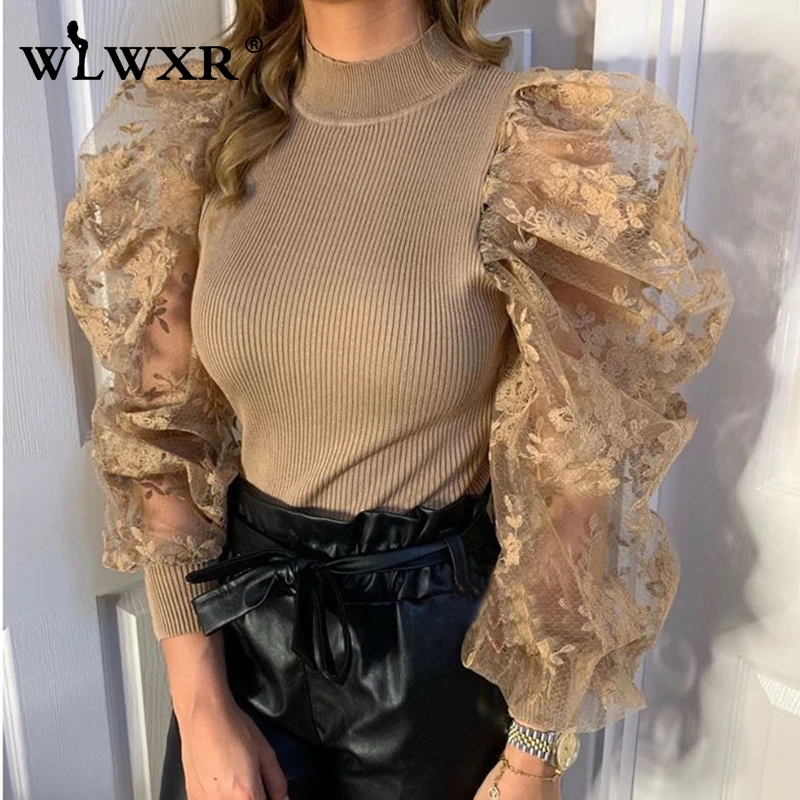 WLWXR Повседневная сетчатая трикотажная блузка с пышными рукавами женская рубашка