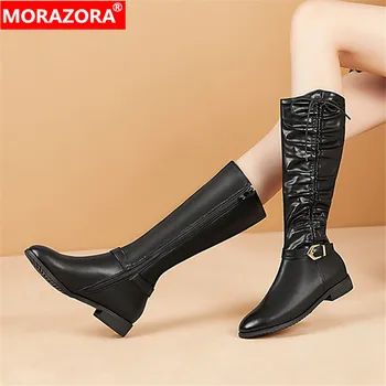 

MORAZORA 2020 large size 34-48 winter fashion mid calf boots low heel round toe soft leather women boots black beige
