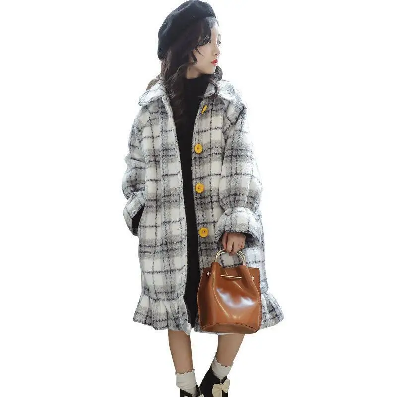 

2019 Winter New Girl Plaid Wool Blends Coat Jackets Children Girls Ruffle Wool Coat Outerwear Kids Long Warm Thick Clothing W269