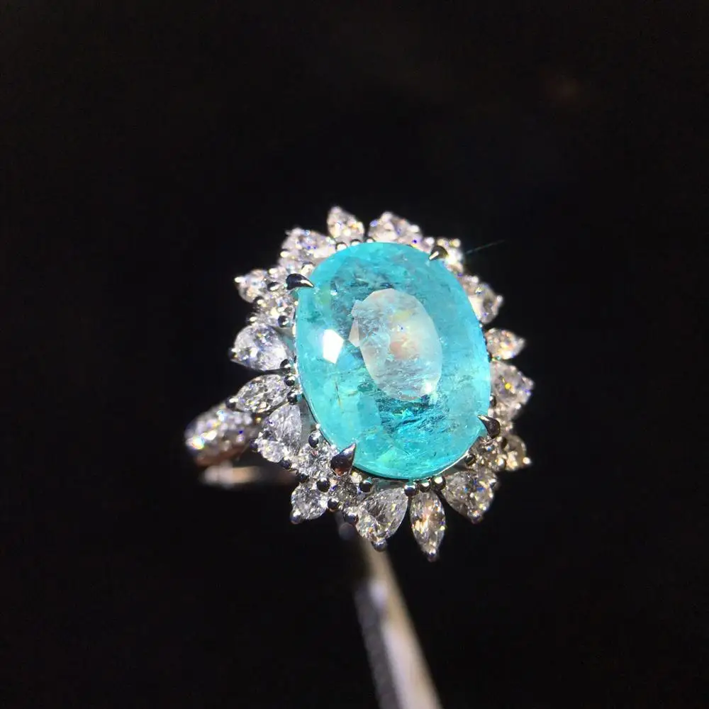 Ювелирные изделия из чистого белого золота 18 К, ювелирные изделия из натурального неонового голубого Параиба, турмалин, драгоценные камни 3.57ct, женские кольца для женщин, тонкое кольцо