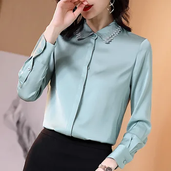

Women's Satin Silk Blouses 2020 Spring Summer Turn Down Collar Long Sleeved Solid Color Embroidered Lady Tops Office Wear S-XL