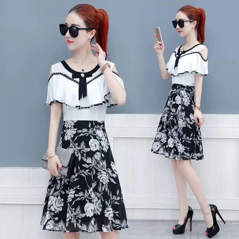 

Chiffon Dress WOMEN'S Short Sleeved 2019 Spring Summer New Style Korean-style Flounced off-Shoulder Mock Two-Piece WOMEN'S Print