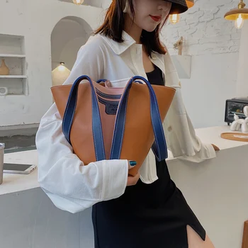 

Soft PU Leather Bucket Bags for Women 2020Winter Casual Crossbody Messenger Shoulder Bag Female Panelled Brief Handbag Lady Tote
