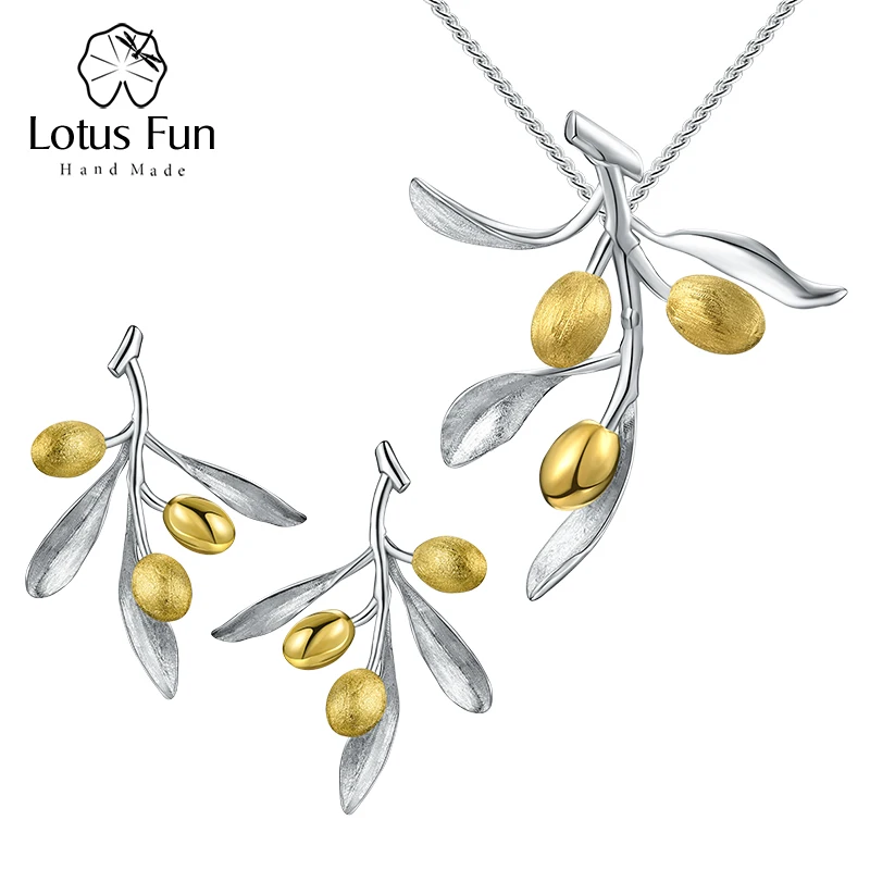 Lotus Fun Olive Leaves Branch Fruits Jewelry Set with Dangle Earring Pendant Necklaces for Women 925 Sterling Silver Jewelry