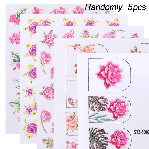 5pcs In Random 1 шт 5D Цветок Наклейка на ногти Роза тисненый дизайн ногтей Фольга Передача Выгравированный лист слайдер год наклейки для ногтей Декор LESTZ5D01-18 - Цвет: 5pcs In Random