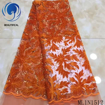 

Beautifical african lace fabrics Flannel fabrics with sequins 2019 Latest nigerian net lace embroidery fabric 5yards ML1N1512