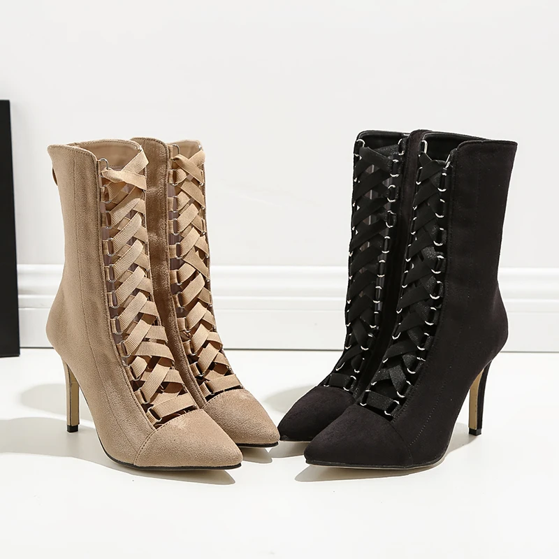 

Shoes Woman Flock High Heels Half Boots Cross Strap Pointed Toe Mid Calf Boot Ladies Zip Booties Black Apricot Zapatos De Mujer