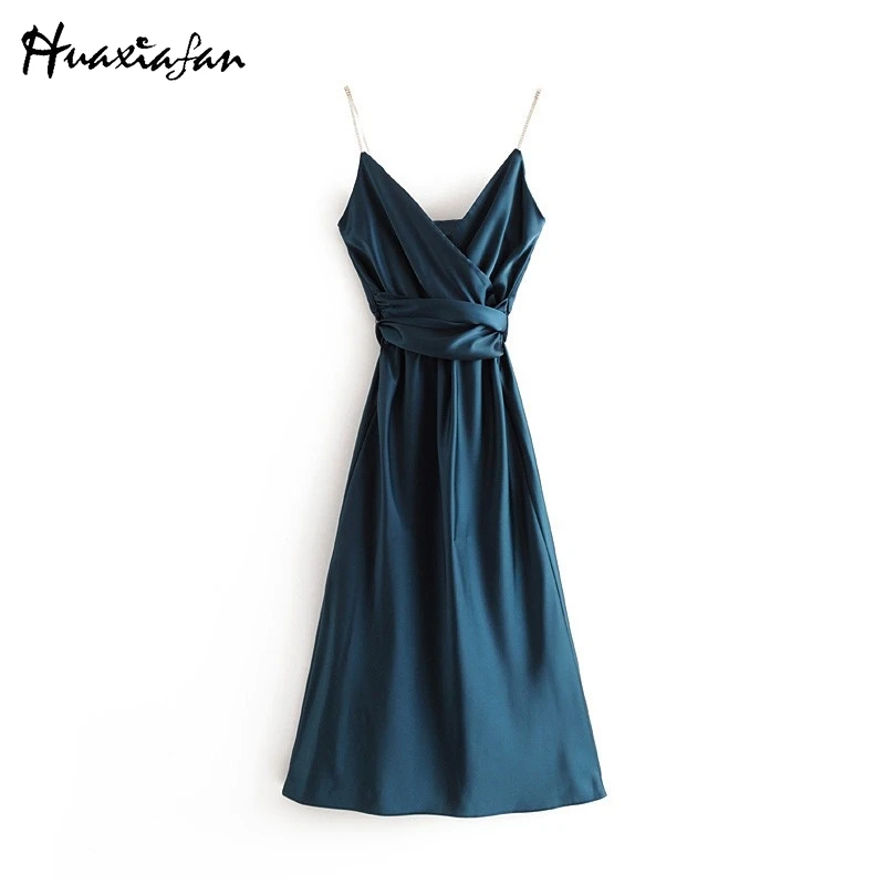 

Huaxiafan Women Dress Sleeveless Sexy Solid Color Backless Vestidos Straped V Neck Party Dress Tunic Moda De Mujer Long Dresses