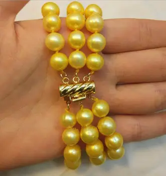

Fashion jewelry Free Shipping Triple strands 9-10MM SOUTH SEA GOLD PEARL BRACELET Gold