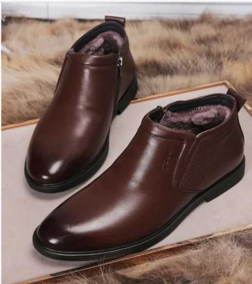Plus Autumn Winter men's velvet keep warm Martin boots Breathable high-top Genuine leather slip-on formal shoes |