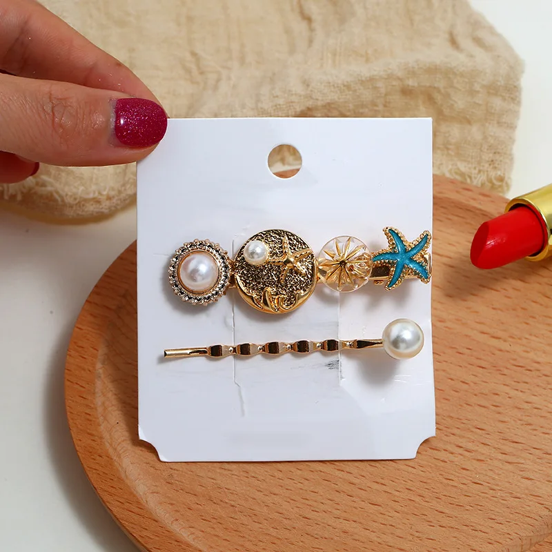D-blue 2/3pcs Summer Beach Shell Metal Hairpins Fashion Pearl hairgrip Mermaid Starfish HairClips Women Hair Accessories Adult Headwear - Цвет: D-blue