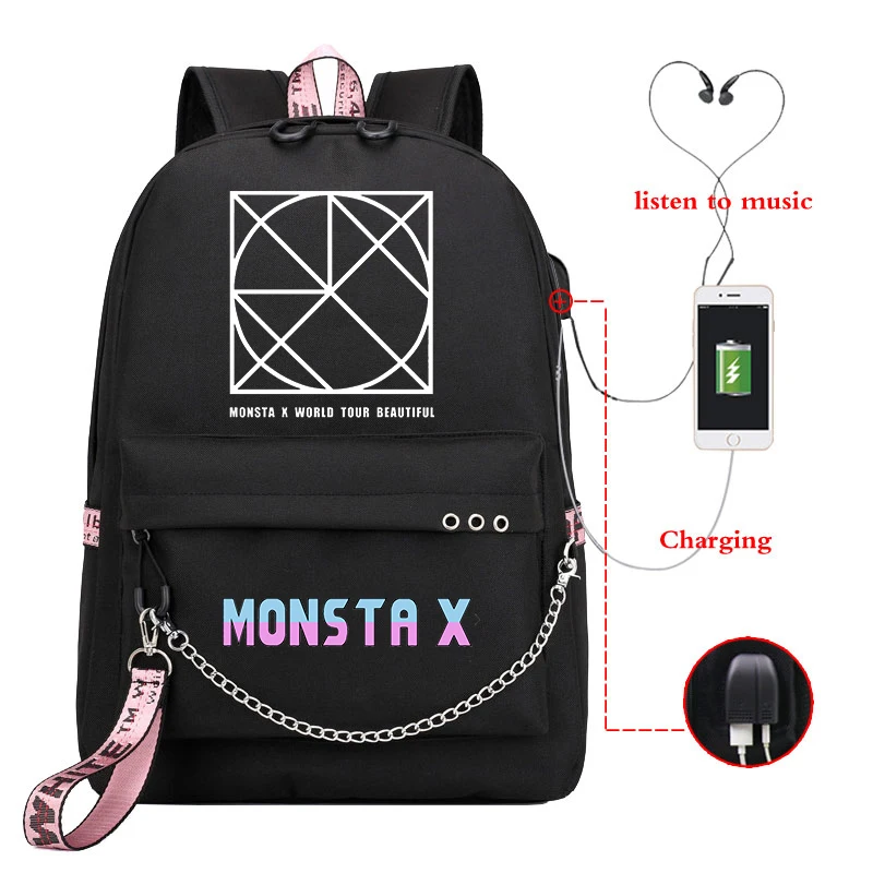 Mochila Bookbag MONSTA X Рюкзак Kpop школьные сумки для девочек подростков женский рюкзак Usb