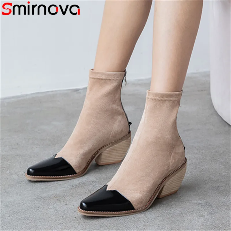 

Smirnova 2020 new genuine leather boots mixed colors wedges ankle boots zip autumn winter prom Chelsea boots big size 34-43