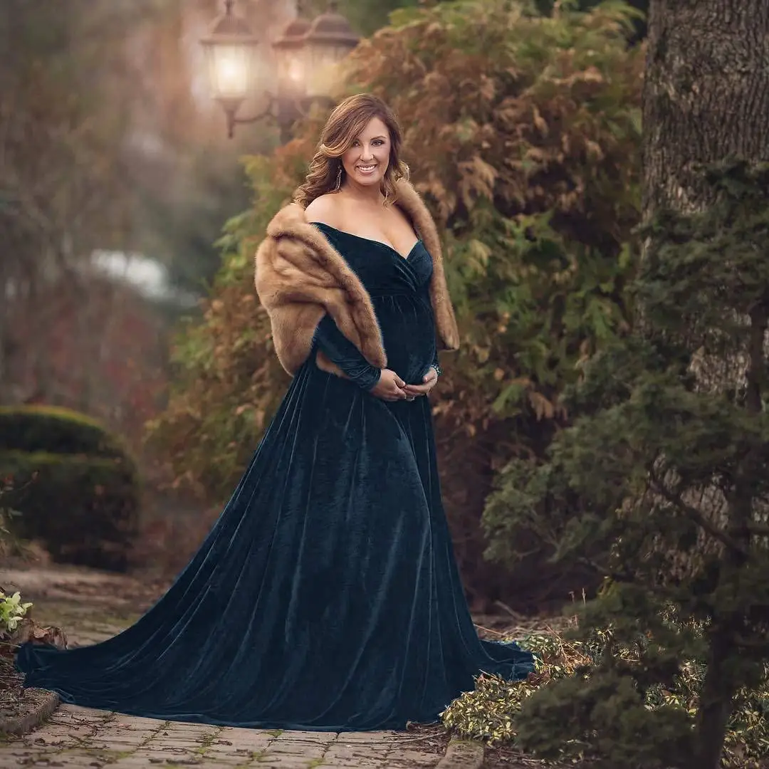 Maternity Dresses for Baby Showers Long Sleeve Pregnant Women Velvet Maxi Gown Dress Sexy V Neck Pregnancy Dress for Photo Shoot