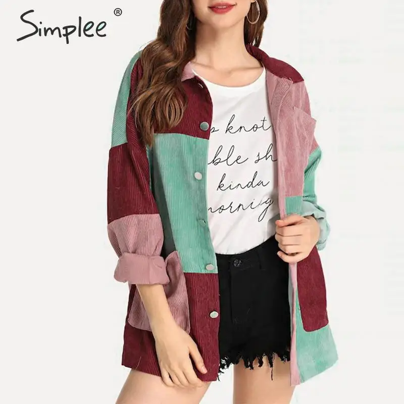 Simplee шикарное лоскутное вельветовое пальто женское повседневное контрастное