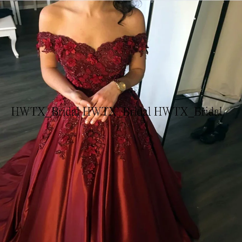HWTX_Bridal 3D Цветы вечернее платье на заказ с открытыми плечами атласное бургундское Королевское синее длинное выпускное платье Формальное вечернее платье