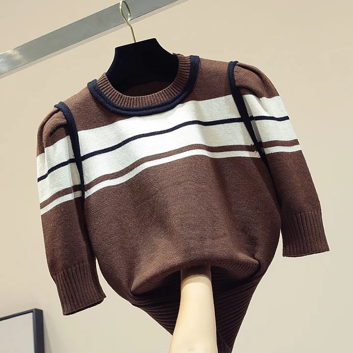 Новинка в Корейском стиле colorblock(цветовой блок), прошитая, с короткими рукавами шорты Модный вязаный свитер для женщин