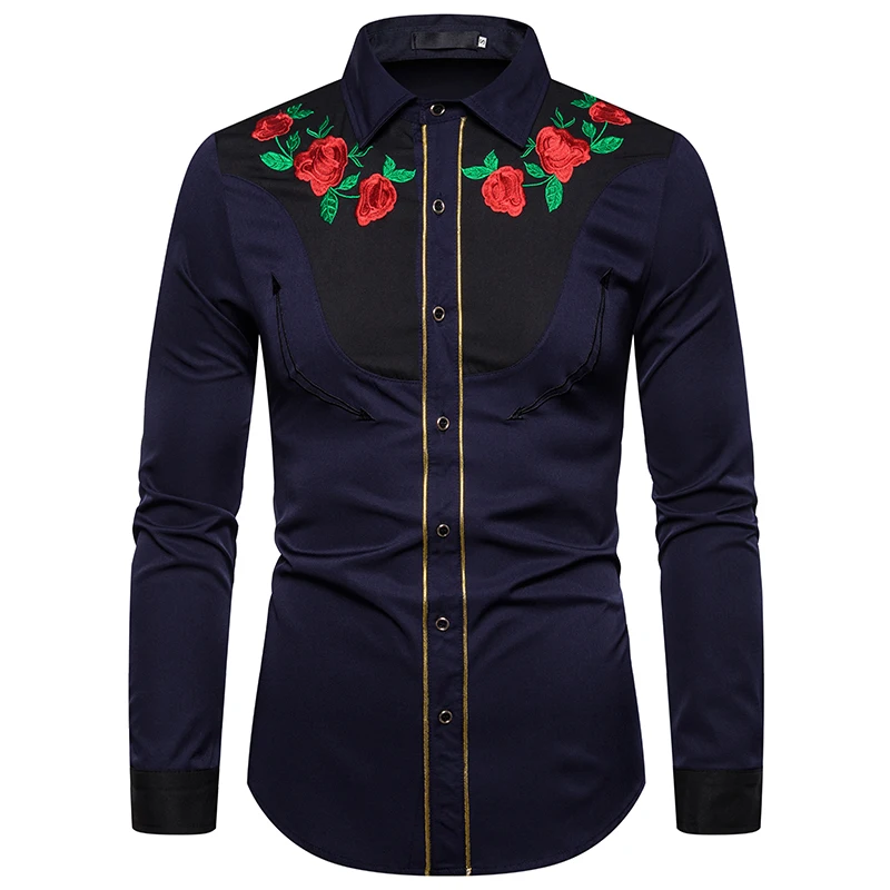 Мужская рубашка в западном стиле с вышитыми розами, рубашка на пуговицах с длинным рукавом, смокинг, модная повседневная мужская рубашка
