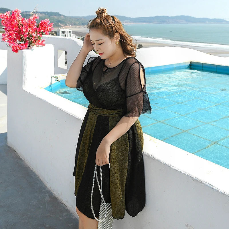 Women's Plus Size Swimsuit with Sleeve One-piece Skirt Bathing Suit Mesh Female Swimwear Large Size Underwire Push Up Swim Suit