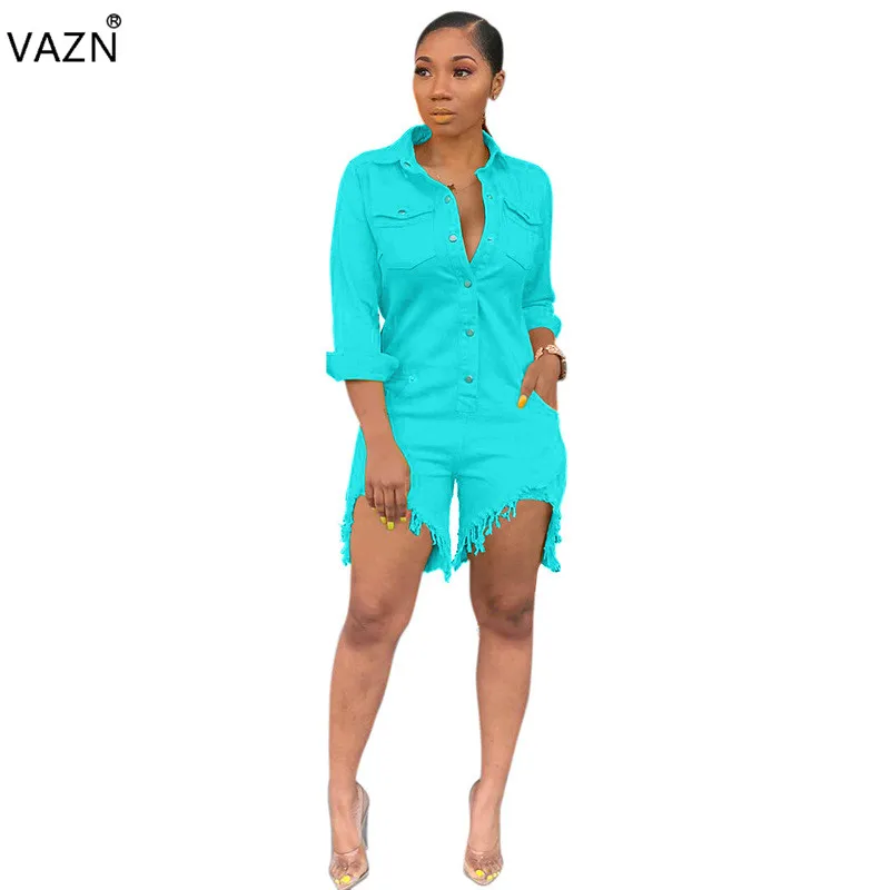 

VAZN Spring 2019 Fashion Famous Sexy Women Solid 2 Color Skinny Playsuits Lady V-Neck Full Sleeve Hollow Out Playsuits SMR9245
