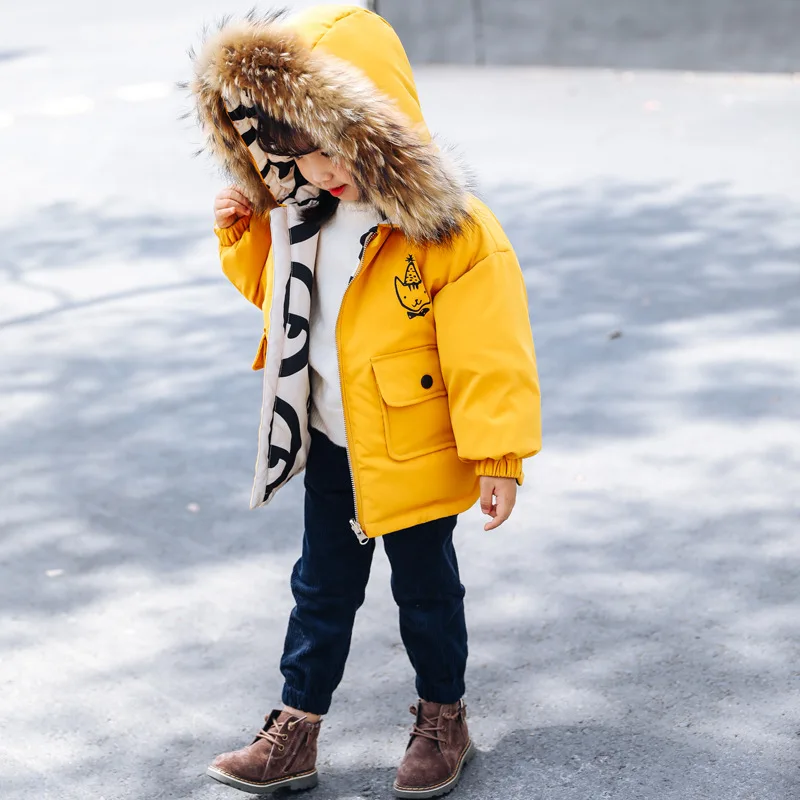 Пальто для девочек с героями мультфильмов; зимняя меховая толстовка с капюшоном; детские куртки для мальчиков; теплый Детский пуховик; плотная одежда для маленьких мальчиков; двухсторонние зимние костюмы - Цвет: Оранжевый