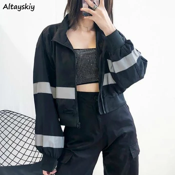 

Basic Jackets Women Spring Hot Stand Collar Black Striped European Style High Waist Zipper Loose Femme Coats Chic Streetwear New