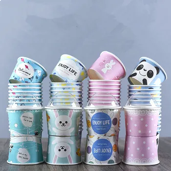 

50pcs High quality cartoon ice cream bowl 200ml small round disposable paper cups birthday party favors dessert cup with lid