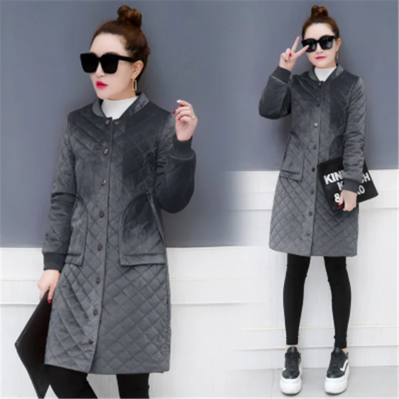 

Gold velvet cotton women's long winter jacket 2019 new light thin cotton jacket tide rhombic down cotton padded clothes