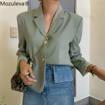

2020 Spring Summer Outerwear Chic Notched Collar Short Blazer for Women Light Green Single-breasted Loose Female Blazer Jackets