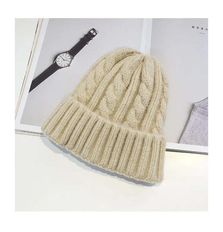 Женские шерстяные шапки Skullies, зимняя теплая вязаная шапка s для дам, дикие одноцветные утолщенные шапочки, новые модные шапочки для девочек