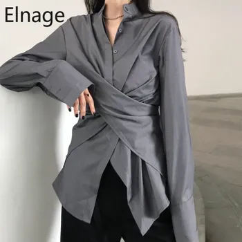 

Elnage Korean BF Loose Casual Irregular Slim Fit Long Sleeve Women Blouse Tops Solid Spring New Black Grey Cotton Shirts 5A262