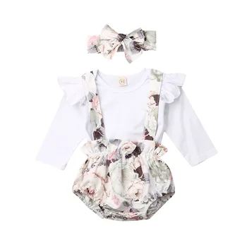 

Sweet Newborn Baby Girl Autumn Clothes Long Sleeve white Romper top strap Floral Bib Shorts Outfit set 0-24M