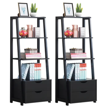 

Costway Set of 2 Ladder Shelf 4-Tier Bookshelf Bookcase Storage Leaning With 2 Drawers