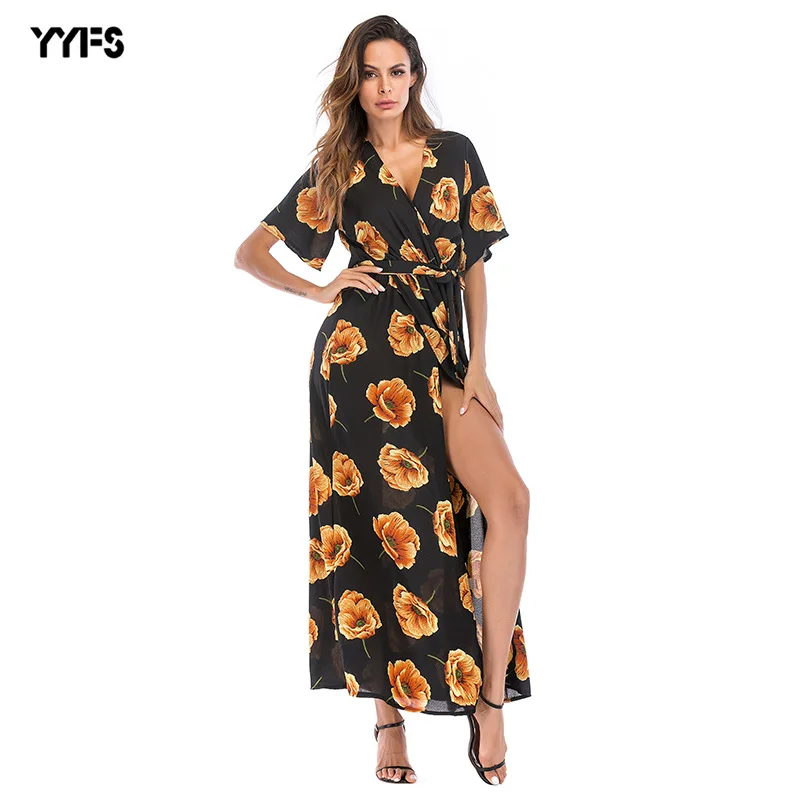 

Summer Beach Maxi Dress Women Floral Print Boho Long Chiffon Dress Sashes Casual Deep V-Neck Split Sexy Party Dress Robe Femme