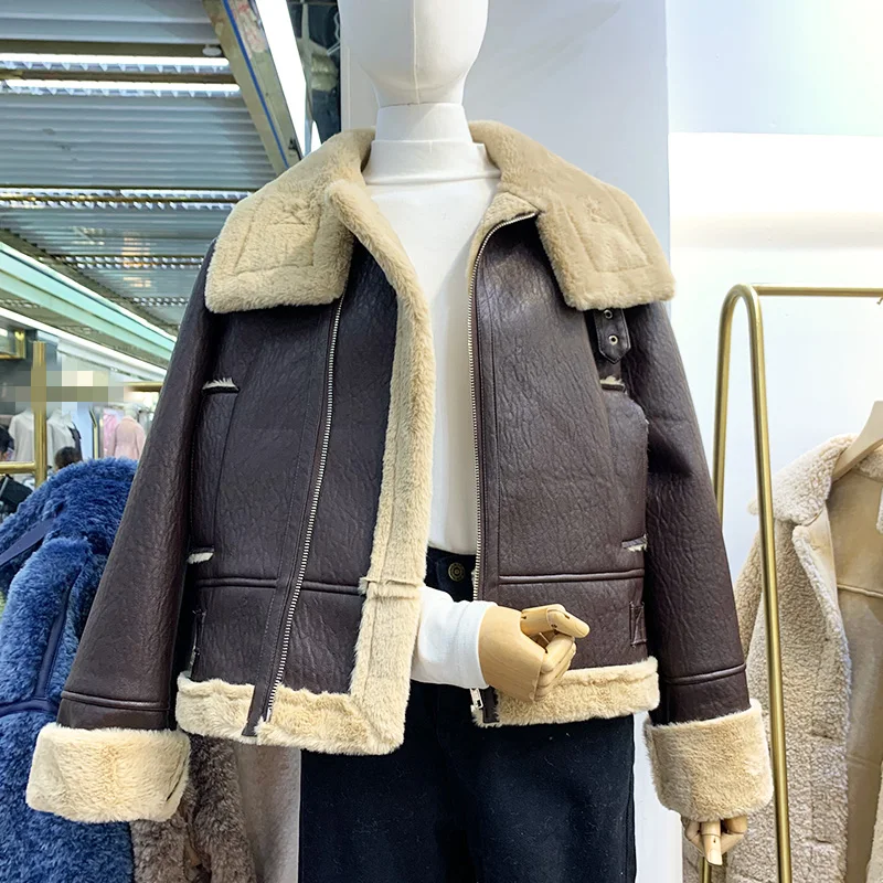 Зимняя Толстая бархатная куртка из искусственной кожи, Женская свободная мотоциклетная куртка с длинным рукавом, модные повседневные уличные пальто, верхняя одежда, универсальная