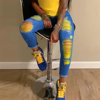 

2020 Autumn Women's Elastic Ripped Skinny Jeans Frayed Female Slim Stitching Denim Trousers Fashion Streetwear Women's Clothing