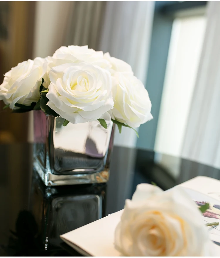 Стеклянная ваза+ набор искусственных цветов, маленькая голова, искусственное розовое стекло, прозрачная ваза для офиса, высокое качество, Шелковый цветок, набор