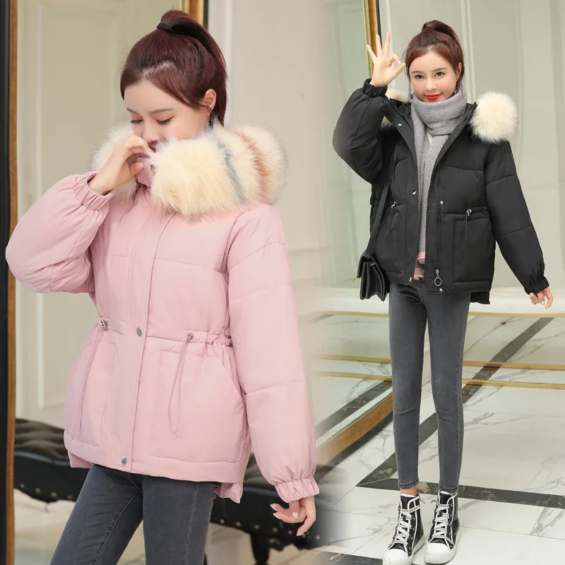 

2019 Winter New Style Cotton Coat Women's Fashion Short Sweet Waist Hugging Hooded Large Fur Collar Versatile Warm Cotton Overco