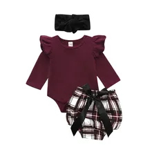 Новая детская одежда для малышки комбинезон с рукавами-крылышками+ штаны с цветочным принтом+ повязка на голову осенняя одежда От 6 месяцев до 2 лет