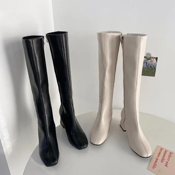 

Fashion Knight Boots for Woman 2020 Autumn Round Head Mid Heel Long Boot Women Casual Leather High Tube Shopping Shoes Female