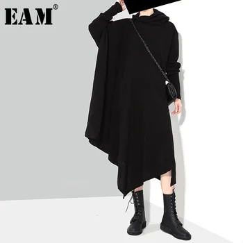 

[EAM] Women Asymmetrical Long Knitting Big Size Dress New High Collar Long Sleeve Loose Fit Fashion Spring Autumn 2020 AS171