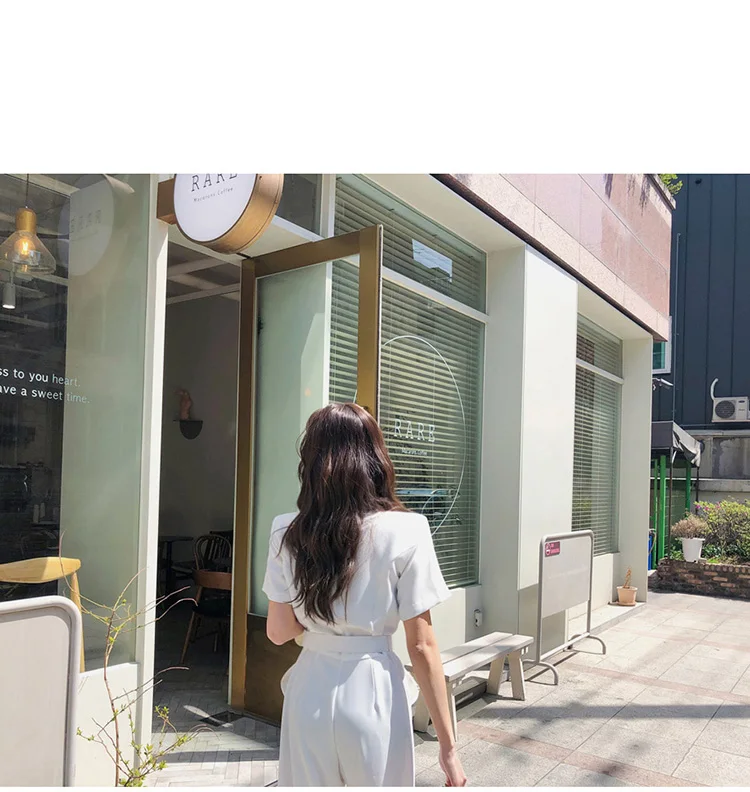 Office Ladies Notched Collar Short Sleeve Sashes Women Jumpsuit Work Business Wide Leg Pant White Jumpsuits Female AQ186