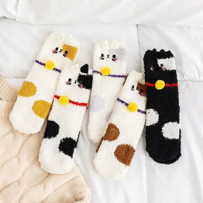 

Women Girls Super Soft Fuzzy Slipper Socks Cute 3D Ears Cartoon Meow Cat Embroidery Winter Warm Fluffy Coral Velvet Sleeping