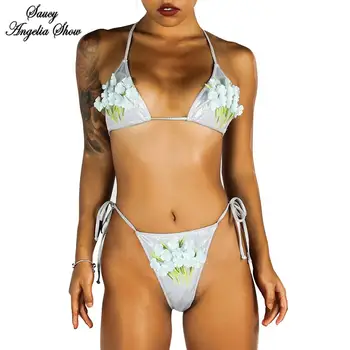 

Sexy Flower Lace Up Bikini Swimwear Women Diamond Halter Top Swimsuit 2 Piece Set Thong Bandage Bathing Suit G-String Tankini